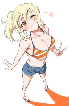1girl ;d absurdres bare_shoulders bikini bikini_top_only blonde_hair blue_shorts braid braided_sidelock breasts cleavage collarbone colored_shadow commentary foreshortening full_body grin halterneck highres large_breasts looking_at_viewer love_live! love_live!_nijigasaki_high_school_idol_club medium_hair miyashita_ai miyashita_ai_(kujibikido_swimsuit) official_alternate_costume one_eye_closed open_mouth orange_bikini orange_eyes sandals shadow short_shorts shorts side_ponytail simple_background smile solo standing string_bikini striped_bikini striped_clothes swimsuit uchuu_no_mozuku v white_background