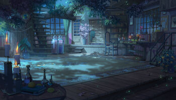 analog_clock armchair blurry book bookshelf bottle box bulletin_board candle candlelight candlestand chair chest_of_drawers clock cloud coffee_grinder curtains depth_of_field door flask flower food fruit fruit_tree hanxiaodan indoors jar ladder leaf lemon light_particles lovebrush_chronicles muntins night no_humans note official_art orange_(fruit) painting_(object) picture_frame pink_flower plant potted_plant round-bottom_flask rug scenery see-through_curtains shadow shelf stairs stepladder sweater table tablecloth test_tube test_tube_rack tree treehouse unworn_sweater vase watermark weibo_watermark window wooden_floor