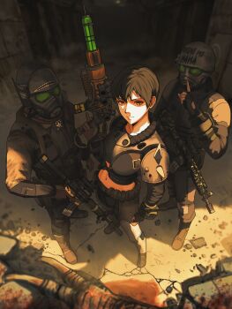 Rule 34 | 1girl, 2others, ammunition, armor, assault rifle, belt, black gloves, black hair, blood, blurry, blurry background, boots, brown belt, brown boots, brown eyes, brown gloves, brown jacket, brown pants, closed mouth, colt commando, commentary, commission, cropped jacket, deathclaw, dgkamikaze, energy gun, english commentary, english text, fallout, finger to mouth, fingerless gloves, from above, gas mask, gloves, gun, hair between eyes, handgun, helmet, highres, holding, holding gun, holding weapon, holstered, index finger raised, jacket, laser sight, looking at viewer, m4 carbine, mask, midriff, multiple others, navel, open clothes, open jacket, original, pants, pip boy, plasma rifle, radio antenna, rifle, scope, second-party source, shade, short hair, shoulder armor, shoulder spikes, shushing, spikes, standing, star (symbol), suppressor, trigger discipline, weapon
