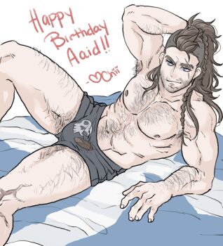 1boy abs alternate_hair_length alternate_hairstyle arm_hair armpit_hair bara beard beard_stubble black_hair black_male_underwear boxer_briefs braid bulge call_of_duty call_of_duty:_modern_warfare_2 chest_hair chii_(fwipsart) facial_hair feet_out_of_frame hairy highres implied_yaoi leg_hair long_hair looking_ahead male_focus male_underwear mature_male muscular muscular_male mustache_stubble navel_hair on_bed print_male_underwear skull_print smile soap_(modern_warfare_2) solo spread_legs stubble thick_eyebrows thighs undercut underwear