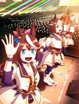 3girls blue_eyes blunt_bangs boots collarbone cropped_jacket crowd dated ear_covers garter_straps glowstick green_eyes holding holding_glowstick horse_girl long_hair looking_at_viewer multicolored_hair multiple_girls purple_eyes purple_thighhighs short_hair silence_suzuka_(umamusume) special_week_(umamusume) spotlight stage starting_future_(umamusume) streaked_hair takuzui thighhighs tokai_teio_(umamusume) umamusume white_boots