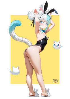 &gt;_&lt; 1girl :&lt; ahoge animal_ear_fluff animal_ear_hairband animal_ears armpits artist_name ass bandaged_tail bare_legs black_leotard blue_bow blue_bowtie blue_eyes blue_hair blush border bow bowtie breasts cat_ears cat_girl cat_tail closed_eyes closed_mouth commission detached_sleeves fake_animal_ears fish_skeleton_hair_ornament from_side ghost hair_bun hairband heart heart_ahoge highleg highleg_leotard highres indie_virtual_youtuber leotard loli looking_at_viewer multicolored_hair outside_border playboy_bunny rabbit_ear_hairband rabbit_ears rabbit_pose regiana_(jubi) second-party_source single_hair_bun slippers small_breasts solo standing strapless strapless_leotard tail tail_raised two-tone_hair virtual_youtuber white_border white_hair white_wrist_cuffs wrist_cuffs yellow_background
