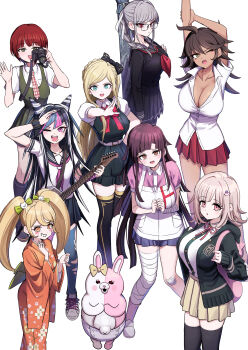 6+girls ;d absurdres apron arm_up backpack bag bandaged_leg bandages black_dress black_hair black_jacket black_serafuku black_shirt black_skirt black_thighhighs blonde_hair blue_eyes blue_hair blue_skirt blue_thighhighs breasts brown_eyes brown_hair brown_kimono camera cleavage collared_shirt commentary_request danganronpa_(series) danganronpa_2:_goodbye_despair diaper dress dress_shirt electric_guitar freckles green_dress green_eyes grey_hair grey_sailor_collar guitar hair_between_eyes highres holding holding_camera holding_instrument hood hood_down hooded_jacket instrument jacket japanese_clothes kimono koizumi_mahiru large_breasts long_hair mioda_ibuki monomi_(danganronpa) multicolored_hair multiple_girls nanami_chiaki neckerchief one_eye_closed open_mouth outstretched_arm owari_akane pekoyama_peko pink_hair pink_shirt pink_socks pizzasi pleated_skirt puffy_short_sleeves puffy_sleeves purple_eyes red_eyes red_hair red_neckerchief red_skirt sailor_collar saionji_hiyoko school_uniform serafuku shirt shoes short_sleeves simple_background skirt sleeveless sleeveless_dress slippers smile socks sonia_nevermind thighhighs torn_clothes torn_thighhighs tsumiki_mikan twintails two-tone_hair very_long_hair white_apron white_background white_shirt white_shoes white_slippers