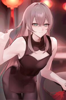 Rule 34 | 1boy, absurdres, bare shoulders, black dress, black pantyhose, brown hair, china dress, chinese clothes, cleavage cutout, clothing cutout, commentary request, covered navel, crossdressing, crossdressing (mtf), crossed bangs, dress, green eyes, hair between eyes, hair intakes, highres, long hair, looking at viewer, male focus, original, pantyhose, shun en, sleeveless, sleeveless dress, smile, solo, trap, zurui ninjin