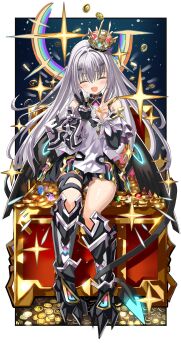 1girl armor bare_shoulders black_dress blush breasts closed_eyes coin crown dragon_wings dress fate/grand_order fate_(series) forked_eyebrows full_body gauntlets gold_coin gold_trim greaves highres long_hair melusine_(fate) melusine_(the_treasure)_(fate) mini_crown open_mouth shino_(eefy) short_dress sidelocks silver_trim small_breasts smile tail treasure_chest two-tone_dress white_dress white_hair wings