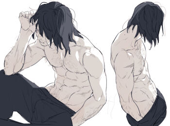 1boy abs aizawa_shota black_hair body_hair boku_no_hero_academia commentary commentary_request elbow_on_knee facial_hair hair_over_one_eye hand_in_pocket male_focus medium_hair mudani_narimasu multiple_views navel nipples parted_lips pectorals scar solo toned toned_male topless_male upper_body white_background