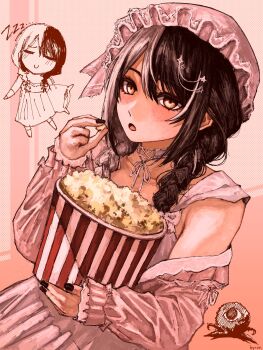 Rule 34 | 1girl, absurdres, artist name, black hair, black nails, bow, braid, bucket, byrrenn, chibi, chibi inset, closed eyes, closed mouth, coat, commentary, eating, english commentary, food, grey hair, hair between eyes, hair bow, hair ornament, hat, highres, holding, holding bucket, holding food, hololive, hololive english, long hair, long sleeves, looking at viewer, low twin braids, multicolored hair, nail polish, nightgown, official alternate costume, official alternate hairstyle, open mouth, pillow, pink background, pink bow, pink coat, pink hat, pink nightgown, popcorn, shiori novella, shiori novella (sleepwear), single off shoulder, sleeping, sleepwear, smile, split-color hair, star (symbol), star hair ornament, twin braids, two-tone hair, upper body, virtual youtuber, yellow eyes, zzz