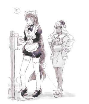 2girls apron bow commentary_request dress fishnet_pantyhose fishnets gloves hair_bow hat_ornament hatori_a high_heels highres jacinthe_(pokemon) lebanne_(pokemon) long_hair long_sleeves multiple_girls nintendo pantyhose pedal pokemon pokemon_legends:_z-a puffy_sleeves shoes soap_dispenser speech_bubble standing thighhighs tilted_headwear twintails very_long_hair watermark