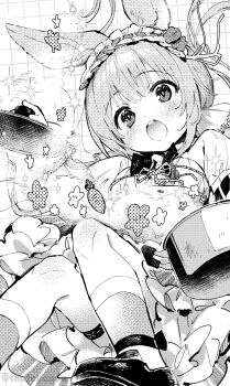 1girl :o animal_ears arknights ba_kanoko blush commentary cooking_pot dress frilled_hairband frills greyscale hairband highres holding kneehighs long_hair looking_at_viewer monochrome neck_ribbon open_mouth ribbon shoes socks solo sparkle split_mouth steam symbol-only_commentary twitter_username warmy_(arknights)