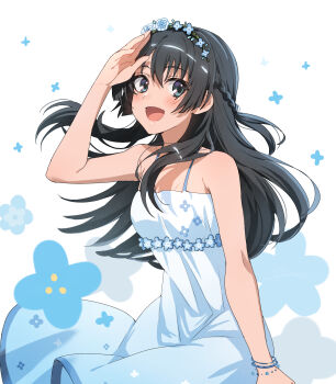 1girl :d bare_shoulders black_hair blue_dress bracelet braid ci31205 commentary_request dress flower gradient_clothes gradient_dress hair_flower hair_ornament head_wreath highres jewelry long_hair open_mouth salute saten_ruiko smile solo spaghetti_strap sundress toaru_kagaku_no_railgun toaru_majutsu_no_index two-tone_dress white_background white_dress