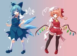Rule 34 | 2girls, ahoge, black thighhighs, blue bow, blue dress, blue eyes, blue footwear, bow, cirno, commentary request, crystal wings, detached wings, dress, flandre scarlet, frilled skirt, frills, full body, gradient background, hair bow, hat, ice, ice wings, jyaoh0731, looking at viewer, medium hair, mob cap, multiple girls, one side up, pointy ears, red eyes, red footwear, red skirt, red vest, shirt, skirt, thighhighs, touhou, vest, white shirt, wings