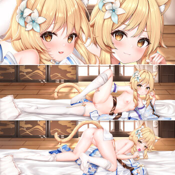1girl :3 animal_ear_fluff animal_ears anus arm_support ass bell blonde_hair blush breasts cat_ears cat_tail chinese_commentary cleft_of_venus commentary_request condom condom_in_mouth condom_wrapper dakimakura_(medium) detached_sleeves feet floral_print flower full_body genshin_impact hair_flower hair_ornament has_bad_revision has_censored_revision highres indoors jingle_bell kemonomimi_mode leg_hold long_hair long_sleeves looking_at_viewer lumine_(genshin_impact) lying mouth_hold multiple_views nipples no_shoes nude on_side parted_lips portrait pussy pussy_juice sliding_doors small_breasts smile tail tail_bell tail_ornament thighhighs top-down_bottom-up uncensored white_flower white_thighhighs wooden_floor yellow_eyes yutian_alice