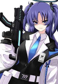1girl absurdres aikir_(jml5160) belt black_gloves blue_archive blue_necktie breasts collared_shirt commentary empty_eyes evil_smile gesugao gloves gun hair_ornament halo hand_up highres holding holding_gun holding_weapon id_card jacket jacket_partially_removed large_breasts long_hair long_sleeves looking_at_viewer mechanical_halo millennium_science_school_logo necktie parted_bangs parted_lips partially_shaded_face purple_eyes purple_hair red_pupils shirt sig_mpx simple_background smile solo submachine_gun triangle_hair_ornament two-sided_fabric two-sided_jacket two_side_up upper_body weapon white_background white_shirt yuuka_(blue_archive)