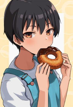 Rule 34 | 1girl, black hair, border, breasts, brown eyes, chewing, choco fashion, chocolate-covered food, commentary request, donut, eating, food, hashi, looking at viewer, mg mg, nitsui mutsuki (hashi), old-fashioned donut, original, overalls, paid reward available, shirt, short bangs, short hair, solo, tan, tomboy, white shirt, yellow border