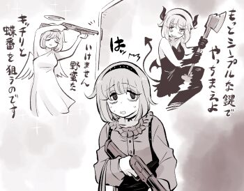 3girls ^^^ angel angel_wings arms_up axe bags_under_eyes breaching_girl_(kato_takuji) choker commentary_request demon_girl demon_horns demon_tail door door_breaching dress frilled_shirt_collar frills gloves greyscale grin gun halo highres holding holding_axe holding_gun holding_weapon horns kato_takuji long_sleeves monochrome multiple_girls multiple_persona open_mouth original shirt short_dress short_hair shotgun shoulder_angel shoulder_devil sleeveless sleeveless_dress smile sparkle strapless strapless_dress sweat tail tareme translation_request weapon wings