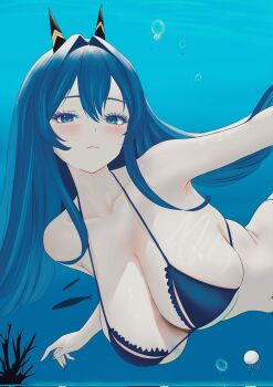 1girl air_bubble bikini blue_bikini blue_eyes blue_hair blue_nails blush breasts bubble cleavage closed_mouth commentary english_commentary freediving goddess_of_victory:_nikke hair_intakes hair_ornament halterneck helm_(aqua_marine)_(nikke) helm_(nikke) highres large_breasts long_hair looking_at_viewer skindentation solo swimsuit underboob underwater yeux_a