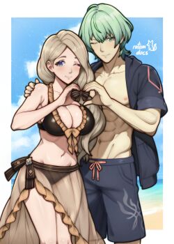1boy 1girl ;) absurdres artist_name bare_arms bare_shoulders beach bikini black_bikini blue_eyes blue_jacket blue_sky blue_swim_trunks border breasts cleavage cloud collarbone commentary commission cowboy_shot crest_of_flames english_commentary fire_emblem fire_emblem:_three_houses frills front-tie_bikini_top front-tie_top green_eyes green_hair hair_between_eyes hair_over_shoulder hand_on_another's_shoulder heart heart_hands heart_hands_duo highres jacket ko-fi_commission large_breasts light_blush looking_at_viewer low_side_ponytail male_byleth_(fire_emblem) male_swimwear mercedes_von_martritz navel nintendo ocean one_eye_closed open_clothes open_jacket outdoors parted_hair rotomdocs sarong see-through_clothes see-through_sarong short-sleeved_jacket short_sleeves side_ponytail signature sky smile standing stomach swim_trunks swimsuit thighs white_border
