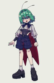 1girl alternate_costume antennae black_boots black_leotard blue_shorts bobotatamu boots cape commentary_request cropped_shirt fang full_body green_eyes green_hair highleg highleg_leotard highres leotard leotard_under_clothes open_mouth red_cape shirt short_hair shorts socks solo standing touhou white_shirt white_socks wriggle_nightbug