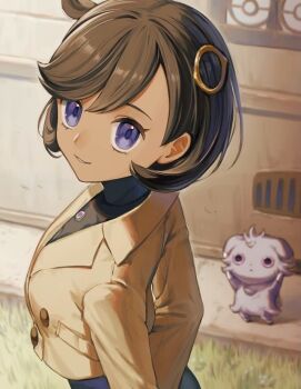1girl black_bodysuit black_hair bodysuit brown_jacket dark-skinned_female dark_skin emma_(pokemon) espurr gen_6_pokemon grass grey_fur jacket looking_at_viewer mint_pk nintendo pokemon pokemon_(creature) pokemon_legends:_z-a purple_eyes short_hair