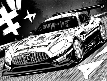 Rule 34 | absurdres, car, commentary, craft-bamboo racing, english commentary, fujiwara takumi's toyota trueno ae86, greyscale, highres, initial d, intercontinental gt challenge, logo, mercedes-benz, mercedes-benz amg gt, monochrome, motion blur, motion lines, motor vehicle, parody, pirelli, race vehicle, racecar, sky, sorithespooky, sound effects, spoiler (automobile), sponsor, star (symbol), style parody, tarmac works, vehicle focus