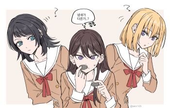 3girls ? akni bang_dream! bang_dream!_it&#039;s_mygo!!!!! black_hair blue_eyes bow bowtie brown_dress brown_hair closed_mouth commentary_request dress hair_between_eyes hanasakigawa_school_uniform korean_commentary korean_text long_hair long_sleeves medium_hair misumi_uika mole mole_under_eye multiple_girls open_mouth purple_eyes red_bow red_bowtie rock sailor_collar sailor_dress school_uniform shiina_taki sweatdrop translation_request white_sailor_collar yahata_umiri