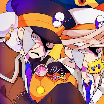 2boys black_coat blue_necktie brothers character-themed_food coat commentary eelektross emmet_(pokemon) gen_5_pokemon grey_eyes grey_hair halloween highres ingo_(pokemon) joltik litwick male_focus multiple_boys necktie nintendo open_mouth orange_background partially_shaded_face pokemon pokemon_bw siblings sleeveless sleeveless_coat smile stitched_clothes stitched_face stitches symbol-only_commentary twins white_coat ya4_05