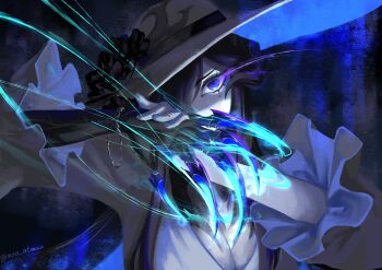 1girl absurdres angry arms_up black_hair blue_background blue_eyes blue_fire breasts cleavage cleavage_cutout clothing_cutout commentary_request constance_(honkai:_star_rail) covering_own_eyes demon_girl demon_horns dress eye_trail fake_claws fire frilled_sleeves frills glint glowing glowing_claws grey_dress grey_hat hat head_tilt highres honkai:_star_rail honkai_(series) horns huge_breasts light_trail long_sleeves looking_at_viewer mole mole_under_eye non_atman shaded_face solo sun_hat upper_body