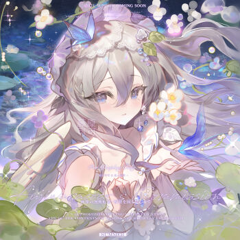 1girl absurdres blue_eyes blush braid brown_hair bug butterfly collarbone commission dot_nose earrings eyelashes flower frills gem hair_between_eyes hair_ornament headdress highres insect jewelry leaf lily_pad long_hair looking_at_viewer open_hand original parted_lips pearl_(gemstone) pink_headdress purple_butterfly sidelocks single_earring solo sparkle square tengyuan_keke upper_body veil water watermark white_flower wrist_cuffs