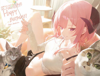 1girl black_shorts breasts cat chinese_text commentary_request crop_top hair_between_eyes happy_birthday highres holding horns indoors large_breasts looking_at_viewer modare open_mouth original pink_hair purple_eyes short_hair shorts solo tagme thighs