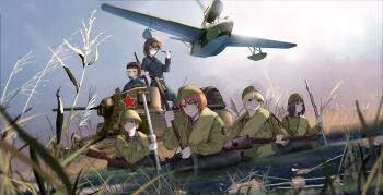 6+girls aircraft armored_vehicle beriev_mbr-2 bird blonde_hair blue_eyes bolt_action breasts brown_hair cloud collared_jacket day float gun hat helmet jacket m5_stuart military military_combat_uniform military_hat military_uniform military_vehicle mosin-nagant motor_vehicle multiple_girls naval_uniform naval_working_uniform navy original ppsh-41 red_eyes red_hair red_star rifle russian_commentary shirt shuten_(project_sky) soviet star_(symbol) striped_clothes striped_shirt submachine_gun sunlight swan tank tank_helmet telnyashka water weapon