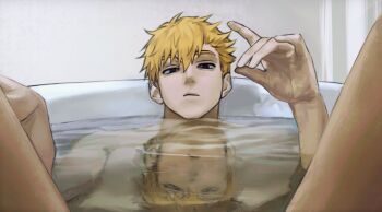 Rule 34 | 1boy, bath, bathing, bathtub, blonde hair, hand up, hashtag-only commentary, highres, in water, knees up, looking at viewer, male focus, mob psycho 100, nude, partially submerged, reflection, reflective liquid, reigen arataka, solo, spread legs, water, yu0912eya