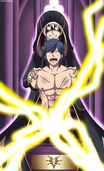 2boys amputation amputee behind_another belly blue_eyes blue_hair boys_love breasts chrom_(fire_emblem) crying disembodied_arm disembodied_arms disembodied_leg disembodied_legs electricity empty_eyes ero_guro evil_eyes fire_emblem fire_emblem_awakening gay gp007 guro highres hurt lightning magic male male_focus multiple_boys muscular muscular_male navel nintendo ryona screaming slave slave_boy smile smiley_face snuff tearing_up tears white_hair yaoi