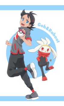 1boy black_hair black_pants blue_eyes character_name clenched_hand commentary_request eyelashes fingernails full_body gen_8_pokemon goh_(pokemon) grey_footwear hair_ornament highres holding holding_poke_ball leg_up looking_at_viewer nintendo open_mouth pants poke_ball poke_ball_(basic) pokemon pokemon_(anime) pokemon_(creature) pokemon_journeys raboot red_legwear shoes short_sleeves side_slit teeth tongue two-tone_background utahara_kei