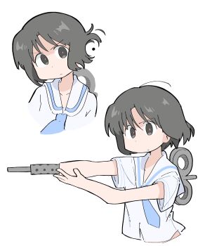 aiming android arawi_keiichi_(style) black_eyes black_hair blue_necktie bullet gun hair_between_eyes hand_on_own_arm highres looking_at_viewer loose_hair_strand multiple_views muzzle_device necktie nichijou ported_barrel robot_girl sailor_collar sailor_shirt school_uniform shinonome_nano shirt short_hair simple_background solo tokisadame_school_uniform weapon white_sailor_collar wichimi winding_key