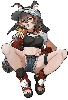 1girl absurdres animal animal_ear_fluff animal_ears arknights belt breasts brown_hair caper_(arknights) caper_(summer_flowers)_(arknights) crop_top drink drinking_straw feet fingerless_gloves fingernails full_body glasses glint gloves highres holding holding_drink looking_at_viewer midriff naughty_face navel official_alternate_costume orange_eyes profile red_gloves short_hair shorts simple_background small_breasts smile solo tart_egg97970 toenails toes tongue tongue_out visor_cap white_background