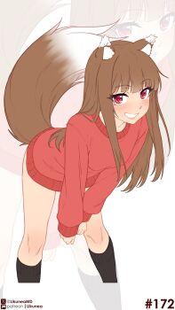 1girl absurdres animal_ears black_socks blush breasts brown_hair commentary english_commentary fang highres holo kneehighs knees leaning_forward likunea long_hair looking_at_viewer patreon_logo patreon_username red_sweater simple_background small_breasts smile socks solo spice_and_wolf sweater tail thighs twitter_username twitter_x_logo wolf_ears wolf_girl wolf_tail zoom_layer