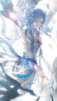 1girl absurdres bare_arms bare_shoulders blue_eyes blue_eyeshadow blue_hair blue_lips blue_ribbon born_flawless_(infinity_nikki) broken broken_chain chain chinese_commentary closed_mouth collarbone commentary_request coral_hair_ornament cowboy_shot dragon dress expressionless eyeshadow facepaint hair_ornament hair_over_shoulder hand_on_own_chest highres infinity_nikki jewelry light_particles lipstick long_dress long_hair looking_ahead makabaka77883 makeup mascara nikki_(series) outstretched_hand pillar ribbon ring side_slit solo standing strapless strapless_dress very_long_hair wavy_hair white_background white_dress