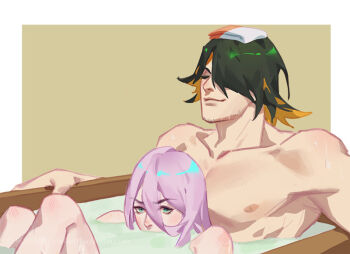 2boys blue_eyes border closed_eyes closed_mouth commentary_request completely_nude embarrassed grey_hair hachisuka_kotetsu hair_between_eyes in_bathtub multiple_boys nagasone_kotetsu ncww_rinichi nipples nude pink_hair short_hair sparse_stubble touken_ranbu towel towel_on_head white_border yaoi