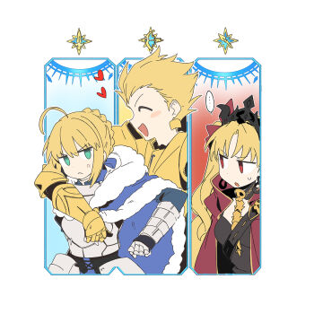 ... 1boy 2girls agata720 ahoge anger_vein angry armor artoria_pendragon_(fate) blonde_hair blue_cape braid cape cloak crown earrings ereshkigal_(fate) fate/grand_order fate_(series) frown fur-trimmed_cape fur_trim gauntlets gilgamesh_(fate) gold_earrings grand_servant_(fate/grand_order) green_eyes high_collar highres jewelry long_hair looking_at_another multiple_girls open_mouth outside_border red_cloak red_eyes saber_(fate) short_hair speech_bubble sweatdrop upper_body