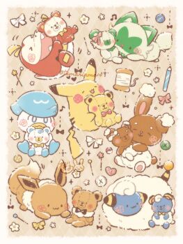 &gt;_&lt; :3 :d ^_^ artist_name blue_eyes blush border bow bowtie bright_pupils brown_background buneary buttons closed_eyes closed_mouth commentary_request eevee fangs flower fuecoco gen_1_pokemon gen_2_pokemon gen_4_pokemon highres holding holding_stuffed_toy mareep musical_note nintendo no_humans open_mouth pencil pikachu pink_bow pink_bowtie poke_ball poke_ball_(basic) pokemon pokemon_(creature) quaxly sewing_pin simple_background smile solid_oval_eyes spool sprigatito stuffed_animal stuffed_toy teddy_bear temariame14 twitter_username white_border white_bow white_flower white_pupils yellow_bow yellow_bowtie
