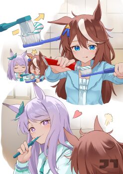 0_0 2girls :q absurdres arrow_(symbol) artist_logo blue_eyes blue_jacket blue_pajamas bow brown_hair brushing_teeth chibi clenched_hands closed_eyes closed_mouth commentary commentary_request d: english_commentary facing_another fingernails flipped_bangs frilled_shirt frills green_bow green_jacket green_pajamas hair_between_eyes hair_bow hair_ribbon hand_up hands_up heart highres holding holding_toothbrush indoors jacket jtleeklm light_blush logo long_hair long_sleeves looking_at_another medal mejiro_mcqueen_(umamusume) mixed-language_commentary multicolored_hair multiple_girls multiple_views open_clothes open_jacket open_mouth pajamas parted_bangs puff_of_air purple_eyes purple_hair ribbon shirt side-by-side smile squeezing streaked_hair surprised thick_eyebrows tile_wall tiles tokai_teio_(umamusume) tongue tongue_out toothbrush toothbrush_in_mouth toothpaste two-tone_hair umamusume white_streaks window yuri