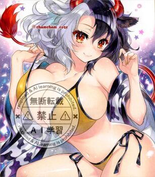 1girl alternate_costume animal_ear_fluff animal_ears bikini black_hair blush breasts chacham closed_mouth commentary_request cow_ears cow_girl cow_horns cow_tail grey_hair haori horns huge_breasts japanese_clothes looking_at_viewer multicolored_hair navel red_eyes red_horns red_tail side-tie_bikini_bottom smile solo split-color_hair stomach swimsuit tail touhou twitter_username two-tone_hair ushizaki_urumi watermark yellow_bikini