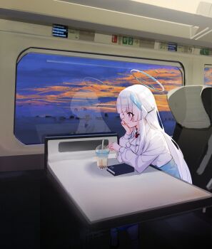 1girl arm_rest ascot blue_archive blue_halo blue_skirt blue_sky book bubble_tea collared_shirt colorful_clouds commentary_request denim denim_shorts different_reflection facing_ahead from_side halo hand_on_own_cheek hand_on_own_face head_rest headgear highres long_hair long_sleeves mechanical_halo multicolored_halo noa_(blue_archive) profile purple_eyes reflection shirt shorts skirt sky solo table train train_interior two-tone_halo white_hair white_halo white_shirt window yumeyume_(uenx8487)