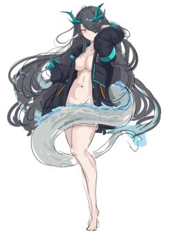 Rule 34 | absurdres, aqua horns, arknights, breasts, colored extremities, colored skin, commentary request, dragon girl, dragon horns, dragon tail, dusk (arknights), eastern dragon tail, fire, flame-tipped tail, green hands, green horns, green skin, highres, horns, jacket, ken (shutenndouji1), medium breasts, naked jacket, navel, open clothes, open jacket, orange eyes, pointy ears, sketch, tail