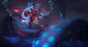 1girl angelfish aqua_gloves aqua_hat arknights ascot bare_shoulders black_ascot blurry blurry_foreground breasts clothing_cutout constance_(angeliccarousel) detached_sleeves dress fish floating floating_hair flying_fish full_body giant giant_monster gloves glowing hair_between_eyes hair_ornament hair_ribbon halterneck hand_up hat highres holding holding_staff leg_ribbon long_hair long_sleeves low-tied_long_hair medium_breasts monster navel navel_cutout ocean off-shoulder_dress off_shoulder official_alternate_costume open_mouth rain red_dress red_eyes red_ribbon red_sleeves ribbon skadi's_seaborn_(arknights) skadi_(arknights) skadi_the_corrupting_heart_(arknights) solo staff teeth tropical_fish very_long_hair water white_hair