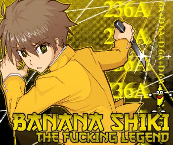 1boy alternate_color attack attack_trail banana brown_hair character_name command_input english_text fighting_game food fruit gakuran gameplay_mechanics jacket knife long_sleeves looking_at_viewer melty_blood meme mystic_eyes_of_death_perception nanatsu-yoru official_alternate_color peanut_butter_jelly_time reverse_grip school_uniform short_hair sikskiez tohno_shiki tsukihime yellow_background yellow_eyes yellow_jacket yellow_text yellow_theme