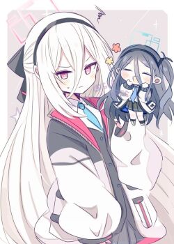 Rule 34 | aris (blue archive), azukimame, black hair, black jacket, blue archive, blue halo, blue necktie, closed eyes, commentary request, grey skirt, hair between eyes, halo, jacket, kei (blue archive), kei (new body) (blue archive), long hair, long hair between eyes, multicolored jacket, necktie, pink hair, pink halo, shirt, side ponytail, skirt, smile, thighs, two-tone jacket, white hair, white jacket, white shirt