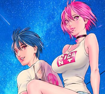 1boy 1girl black_choker blue_hair breasts choker closed_mouth collarbone copyright_name denim denim_shorts from_below gigant_(series) hair_between_eyes heart heart_choker large_breasts lips looking_back mole mole_under_eye mole_under_mouth narrow_waist night night_sky official_art oku_hiroya papico_(gigant) parted_lips pink_eyes pink_hair pink_lips red_eyes shirt shooting_star short_hair short_sleeves shorts sitting sky smile star_(sky) t-shirt tank_top teeth thighs upper_body white_shirt white_tank_top yokoyamada_rei_(gigant)