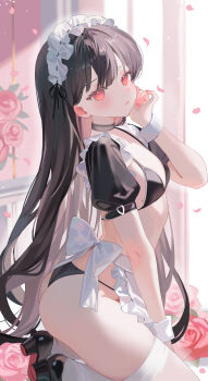 1girl absurdres apron ass bikini black_bikini black_choker black_hair black_shoes breasts choker colored_inner_hair detached_sleeves frilled_apron frilled_sleeves frills from_side heart heart_o-ring highres long_hair looking_at_viewer looking_to_the_side maid_apron maid_headdress moemoepiano multicolored_hair o-ring original parted_lips petals red_eyes shoes short_sleeves small_breasts solo string_bikini swimsuit thighhighs thighs very_long_hair waist_apron white_thighhighs wrist_cuffs