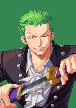 1boy absurdres ascot black_jacket collared_shirt commentary drawing_sword earrings green_background green_hair grin highres holding holding_sword holding_weapon jacket jennyandloiryan jewelry looking_at_viewer male_focus one_eye_closed one_piece roronoa_zoro scar scar_across_eye scar_on_face shirt short_hair sideburns simple_background smile solo sword upper_body weapon white_ascot white_shirt